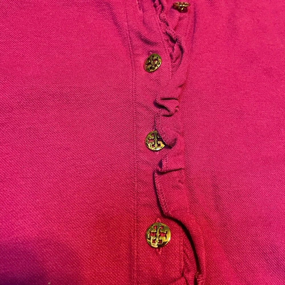 Tory Burch Women's L large Short-Sleeve Ruffle gold buttoned  polo magenta . - Picture 3 of 4